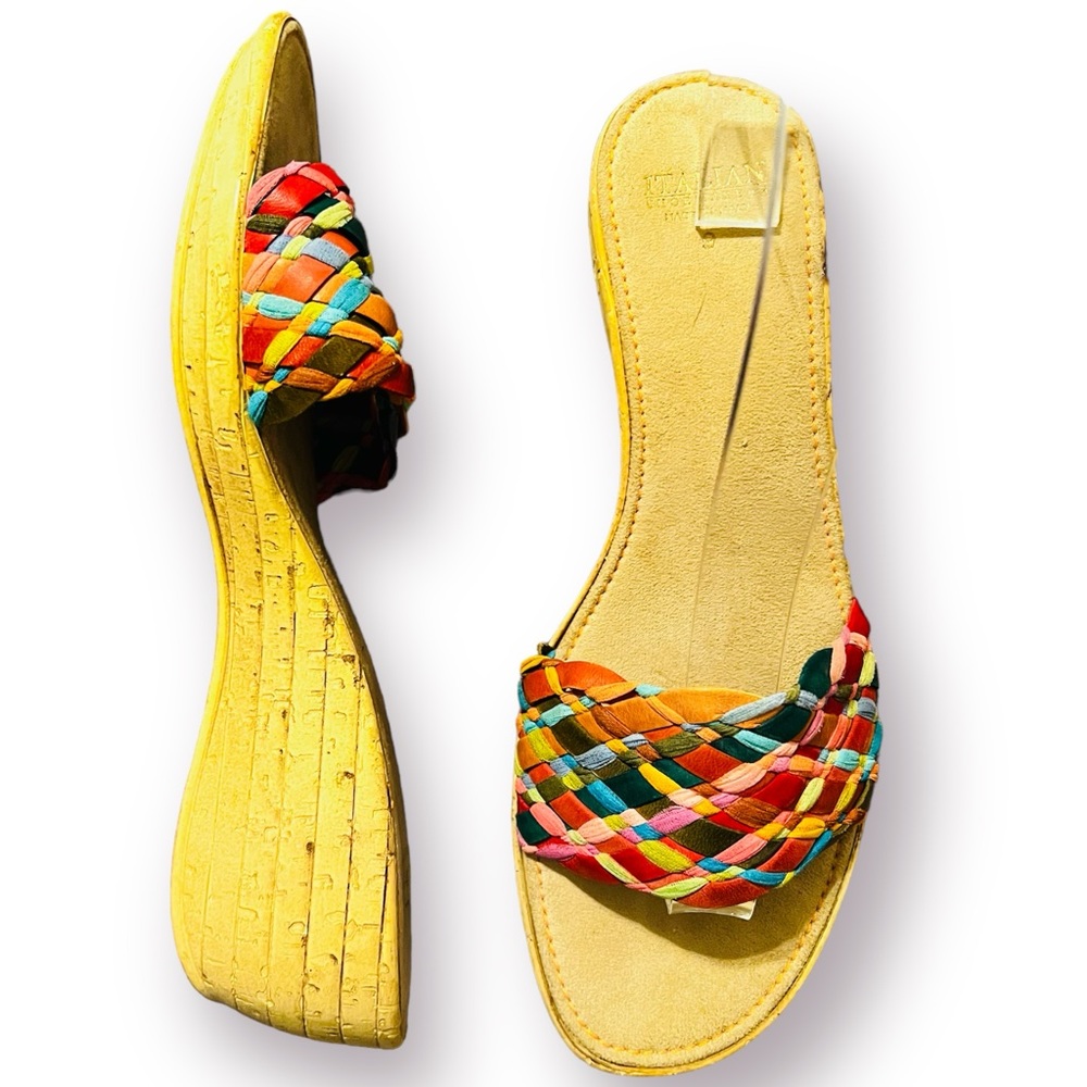 Italian Shoemakers Multicolored Slip On Cork Wedge Sandals Size 9 Leather